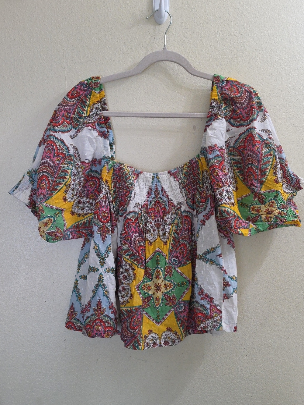 MILLE Boho Printed Puff-Sleeve Flowy Women’s  Cotton Smocked Top, Large